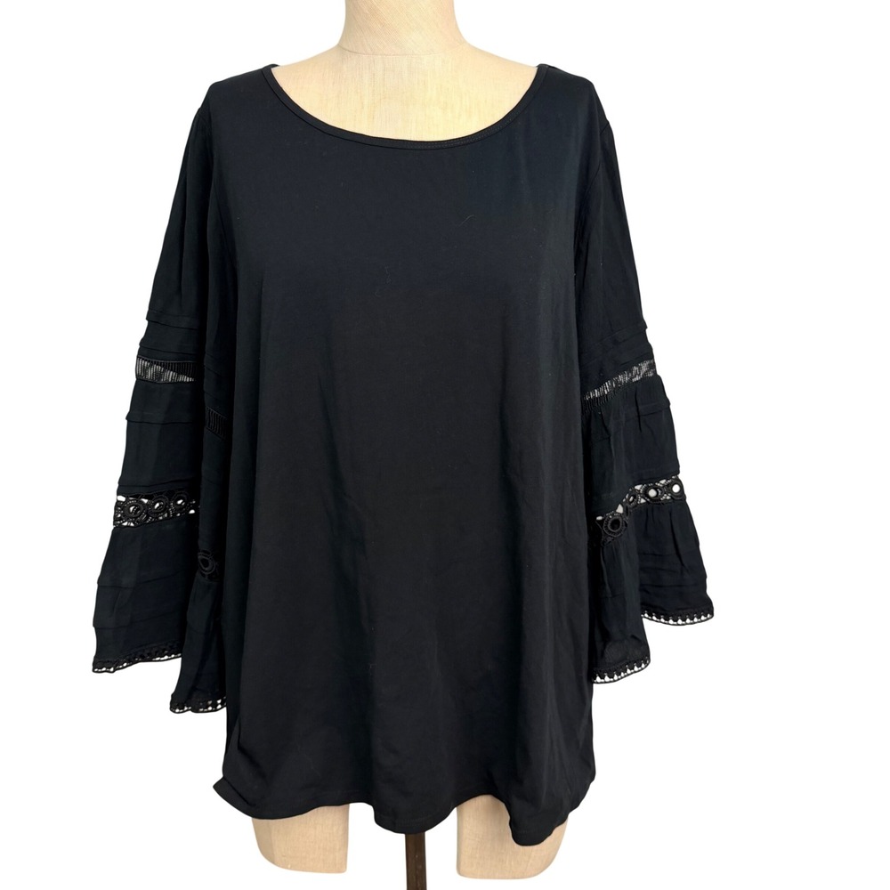 One September Anthropologie Black Tiered Bell Sleeve‎ Lace Trim Knit Top Large